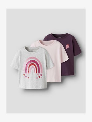 Three short-sleeve children's t-shirts in gray with glittery rainbow, pale pink, and dark purple with glittery strawberry designs.