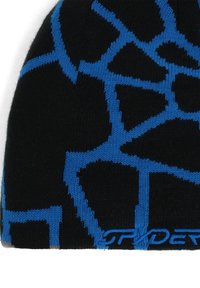Bonnet en tricot noir avec un motif abstrait bleu, possédant une texture lisse et un petit logo bleu en bas.