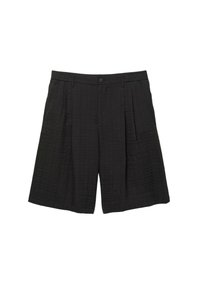 Pantaloni neri con un motivo testurizzato, caratterizzati da pieghe, chiusura con bottone e un taglio di lunghezza media. Realizzati in tessuto leggero.