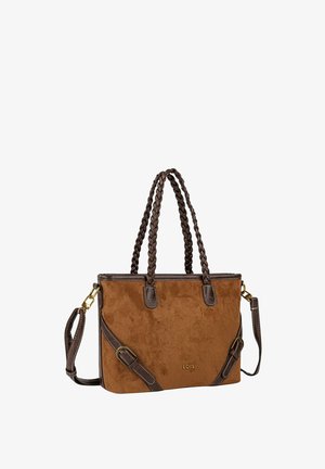 Bolso de ante marrón con asas trenzadas marrones, cuenta con herrajes dorados y correa de hombro ajustable. Diseño sencillo y limpio.