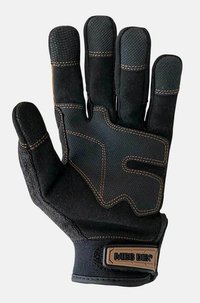 Zwarte stoffen handschoenen met gearceerde vingergedeelten, versterkte knokkels en een verstelbare polsband. Kenmerkt zich door contrasterende stiksels en logo-details.