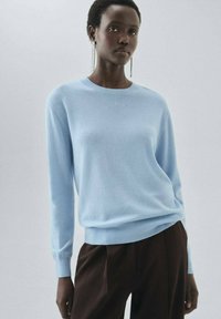 Pull léger bleu en matière douce, avec un col rond et des poignets côtelés. Associé à un pantalon marron foncé.