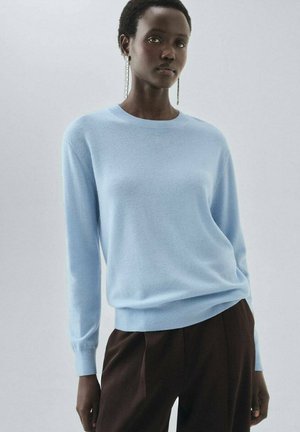 Helles blaues Sweatshirt aus weichem Material, mit Rundhalsausschnitt und gerippten Bündchen. Kombiniert mit dunkelbraunen Hosen.