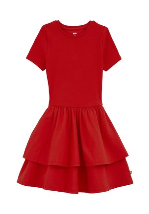 Robe rouge à manches courtes avec un haut côtelé ajusté et une jupe évasée à double couche, conçue pour les filles.