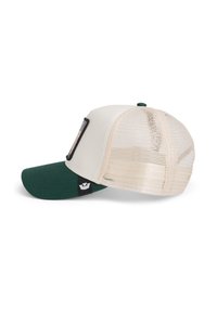 Baseball cap with a green bill and mesh beige back, featuring a black patch on the front and a green accent at the rear.