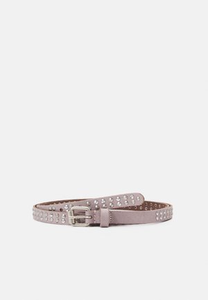 Light purple suede belt with silver round studs and a metal buckle, laid flat on a white background.