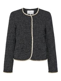 Giacca in tweed bianca e nera con scollo rotondo, bordo intrecciato e due tasche frontali. Presenta un motivo testurizzato su tutta la superficie.