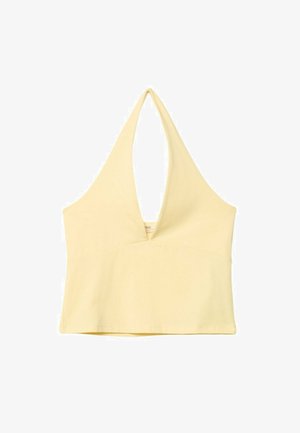 Žlutý halter top vyrobený z měkké látky. Má hluboký V-výstřih a přiléhavý střih, se rovný lem a minimálními švy.