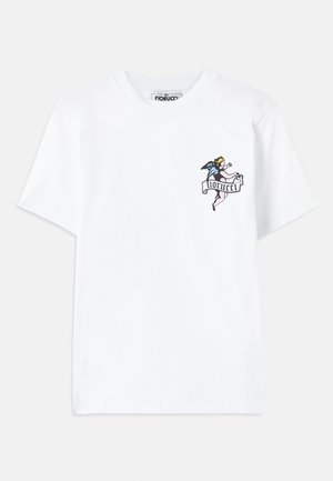 White cotton t-shirt featuring a colorful angel graphic with a banner reading "Fiorucci" on the left chest area. Short sleeves, crew neck.