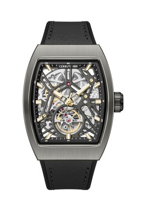 Rechteckige Cerruti 1881 Armbanduhr mit schwarzem Lederarmband, skelettiertem Zifferblatt, das Zahnräder zeigt, goldfarbene Zeiger und Stundenmarkierungen.