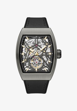 Orologio da polso rettangolare Cerruti 1881 con cinturino in pelle nera, quadrante scheletrato che mostra gli ingranaggi, lancette e indicatori delle ore color oro.