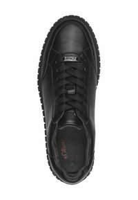 Black leather sneaker with round toe, textured upper, padded collar, and lace-up design. Features rubber outsole with grip pattern.