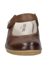Brown leather Mary Jane shoe with rounded toe, stitched accents, and adjustable strap. Rubber sole with light texture for grip.
