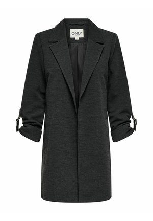 Cappotto stile blazer nero con tessuto testurizzato, rever a punta e maniche arrotolate fissate da fibbie. Presenta un design con apertura frontale.