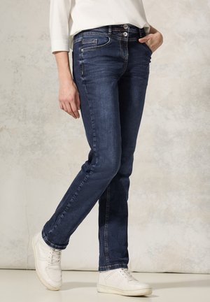 Donkerblauwe denim jeans met een recht model, voorzien van zijzakken, een tailleband met twee knopen en subtiele stikdetails.