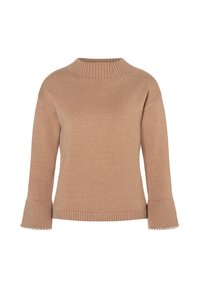 Pull en maille marron clair avec un col rond, des poignets côtelés et des manches évasées ornées de perles décoratives discrètes au bas.
