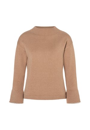 Hellbrauner gestrickter Pullover mit rundem Ausschnitt, gerippten Bündchen und ausgestellten Ärmeln, die dezente dekorative Perlen am Saum aufweisen.