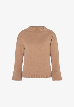 Light brown knitted sweater with a round neckline, ribbed cuffs, and flared sleeves featuring subtle decorative beads at the hem.
