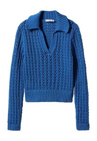 Blauer gestrickter Pullover mit strukturiertem Muster, V-Ausschnitt sowie gerippten Bündchen und Saum. Verfügt über einen breiten Kragen und ein offenes Strickmuster.