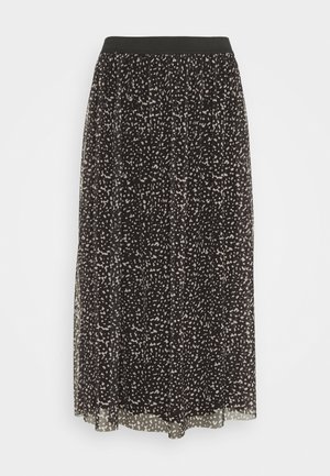 Černá midi sukně s přiléhavým elastickým pasem, zdobená puntíkatým vzorem v různých odstínech krémové a šedé barvy. Průhledná látka.