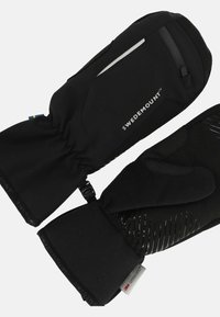 Black insulated mittens with reinforced palms, elastic wrist cuffs, and brand logo. Features a zipper pocket and textural design elements.