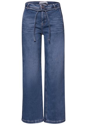 Blå vidde-ben denimjeans med høj talje og justerbart stofbælte bundet foran, med knap- og lynlåslukning.