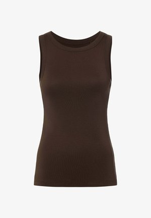 Brown sleeveless tank top made of soft, stretchy fabric. Round neckline and fitted design with a smooth texture. No additional accents.