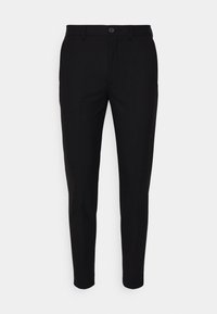 Pantaloni neri su misura con una vestibilità slim, realizzati in un tessuto liscio, dotati di chiusura con bottone e passanti per cintura. Nessun motivo o dettaglio visibile.