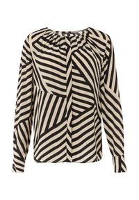 Langärmlige Bluse in Creme mit kräftigen schwarzen diagonalen Streifen. Sie verfügt über einen runden Ausschnitt und geraffte Details an den Schultern.