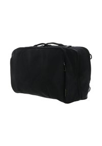 Sac de voyage noir avec fermeture éclair, forme rectangulaire, texture lisse, poignées de transport et boucles latérales pour options de rangement supplémentaires.