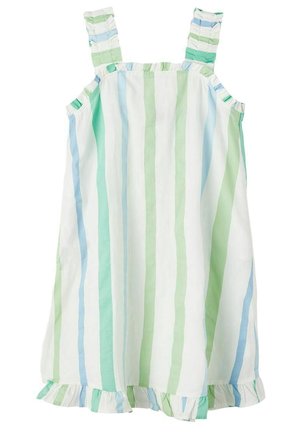 Vestido sin mangas con rayas verticales en tonos pastel de verde, azul y blanco, con tirantes y dobladillo con volantes.
