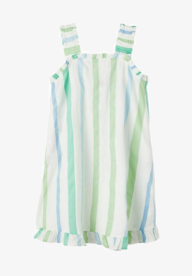 Robe sans manches avec des rayures pastel verticales en vert, bleu et blanc, dotée de bretelles et d'un ourlet à volants.