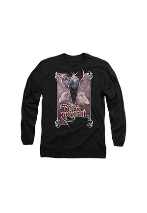 Black long-sleeve shirt featuring a graphic design from "The Dark Crystal," showcasing a crystal and creature illustrations in various colors.
