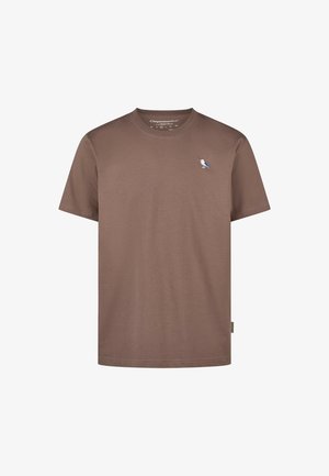 Brown short-sleeve t-shirt made of soft cotton, featuring a small embroidered blue bird design on the chest. Classic crew neck.