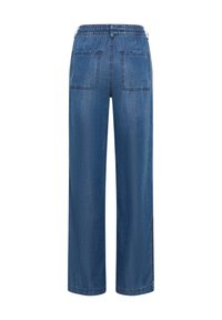 Pantalones anchos de mezclilla azul con cintura elástica y dos grandes bolsillos cuadrados en la parte trasera, mostrados desde atrás.