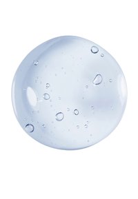 Przezroczysta, żelowa substancja o okrągłym kształcie, z drobnymi bąbelkami powietrza i gładką powierzchnią, przedstawiona na białym tle.