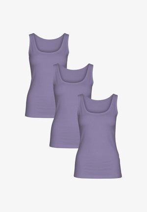Paarse tanktops in een verpakking van drie, met een ronde hals, mouwloos ontwerp en een gladde, rekbare stof.