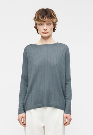 Mladý človek s krátkymi hnedými vlasmi, oblečený v modrošedom rebrovanom svetri s dlhým rukávom a bielych nohaviciach, stojaci na jednoliatom pozadí.