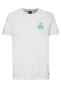 Valkoinen puuvillapaita lyhyillä hihoilla. Siinä on vihreä graafinen printti palmupuun ja auton logosta, jossa lukee "PETROL" edessä.