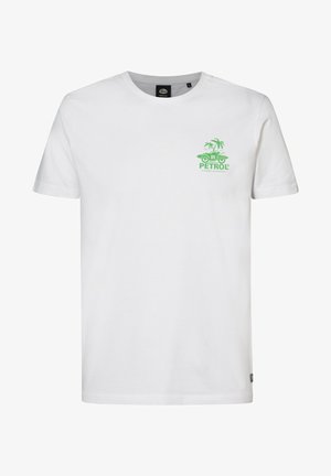 Fehér pamut póló rövidujjakkal. Elöl zöld grafikával nyomott pálmafát és autós logót ábrázol, rajta a "PETROL" felirattal.