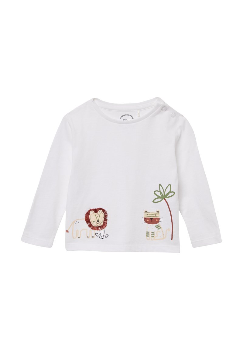 Witte lange mouwen shirt met geborduurde ontwerpen van een leeuw en een kat, met planten, op de onderzijde van de voorkant. Zachte katoen.