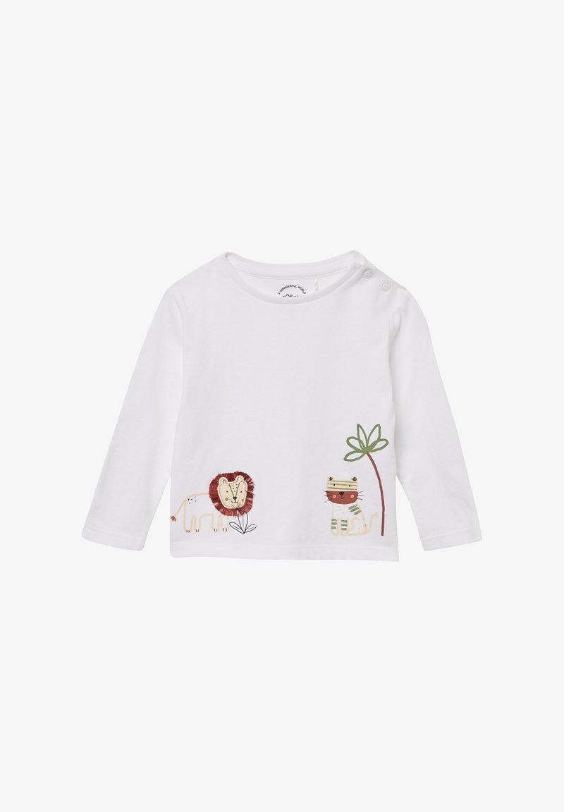 Witte lange mouwen shirt met geborduurde ontwerpen van een leeuw en een kat, met planten, op de onderzijde van de voorkant. Zachte katoen.