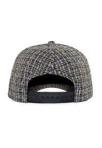 Black and gray patterned baseball cap with a textured finish, adjustable plastic snap closure at the back, and straight visor.