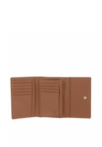 Portefeuille en cuir marron avec plusieurs compartiments pour cartes, texture lisse et fermeture à bouton-pression. Intérieur avec finition douce et logo embossé.