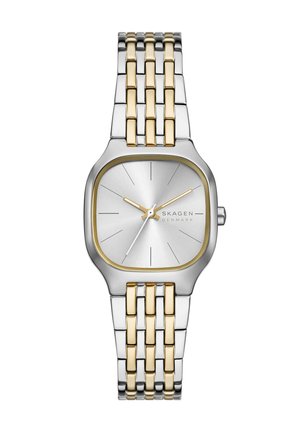 Reloj de pulsera Skagen bicolor en plata y oro con esfera cuadrada plateada, marcadores horarios dorados mínimos y pulsera metálica enlazada.