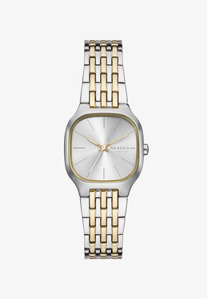 Reloj de pulsera Skagen bicolor en plata y oro con esfera cuadrada plateada, marcadores horarios dorados mínimos y pulsera metálica enlazada.