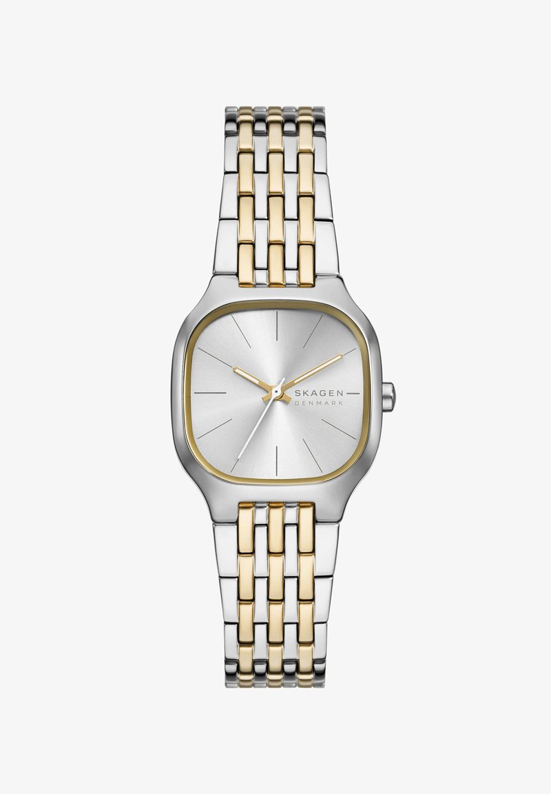 Tweekleurig zilver en goud Skagen polshorloge met vierkante zilveren wijzerplaat, minimale gouden uurmarkeringen en gekoppelde metalen armband.