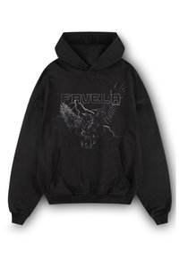 Felpa con cappuccio nera in cotone. Presenta una tasca frontale, polsini a costine e una grafica di un'aquila con la scritta "FAVELA" in grigio.