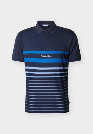 Navy blue polo shirt with a collar, three buttons, horizontal blue stripes, and "Calvin Klein" logo centered on the chest.