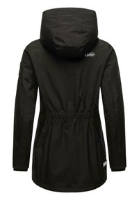Black waterproof jacket with a hood, cinched waist, and elastic cuffs. Features a logo on the upper back and two side pockets.